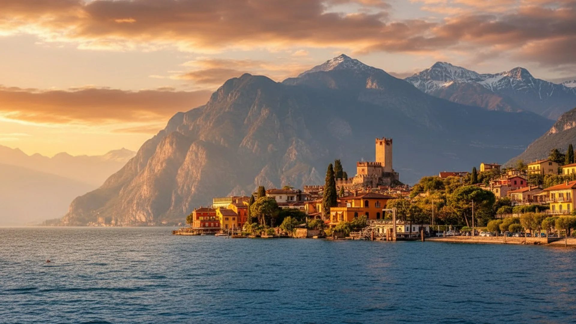 Il castello di Malcesine sul lago, con il Monte Baldo alle spalle